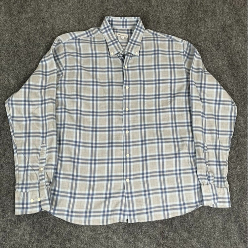 Peter Millar‎ Blue Gray White Plaid Long Sleeve Button Down Shirt Cotton Size XL